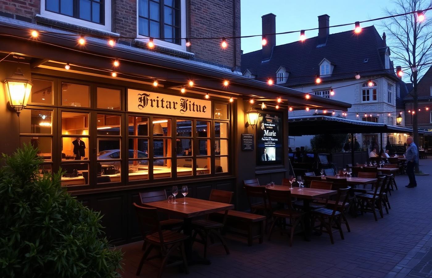 Gezellig terras van Wim Friet bij avondlicht